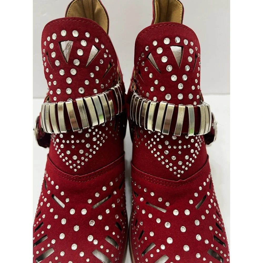Red Faux Suede Ankle Boots Silver Accents Buckles New Without Tags Women's 7.5/8